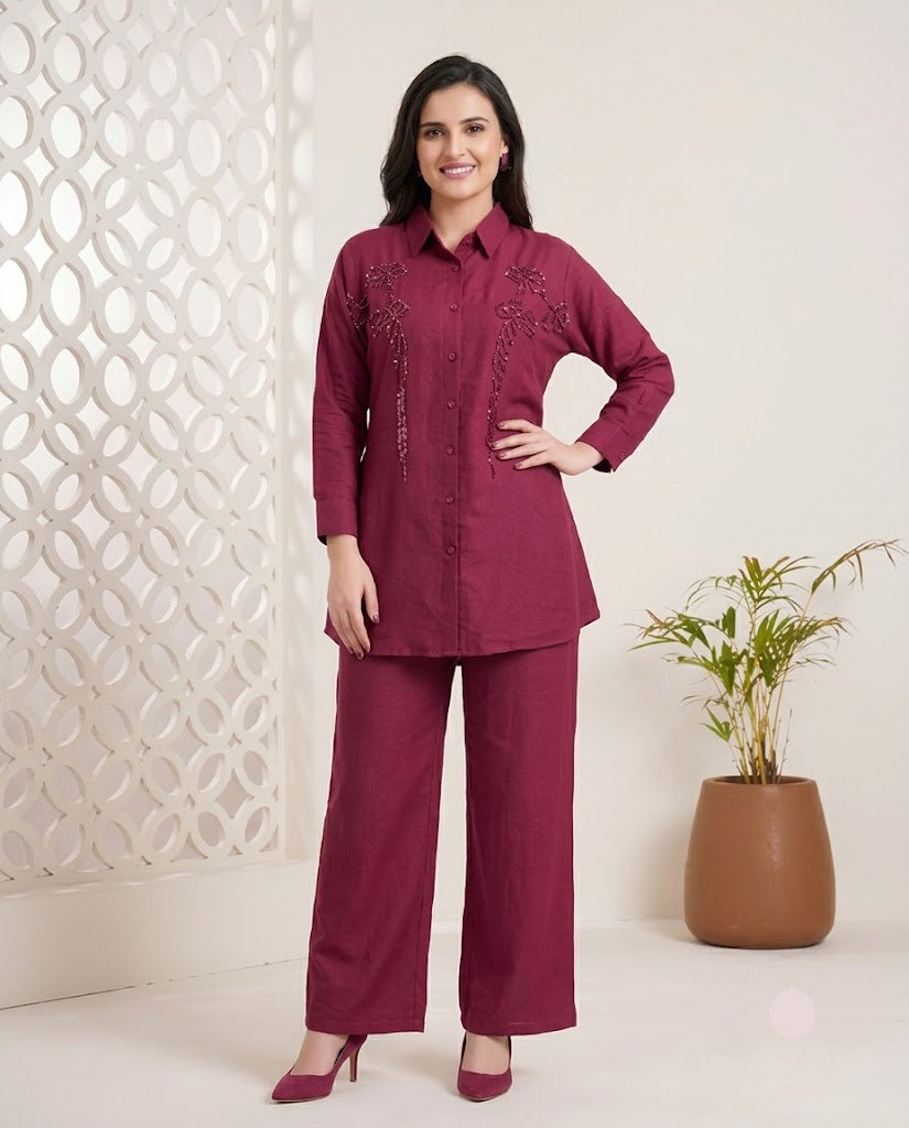 Wine Magenta Embroidered Shirt Kurti Co-Ord Set