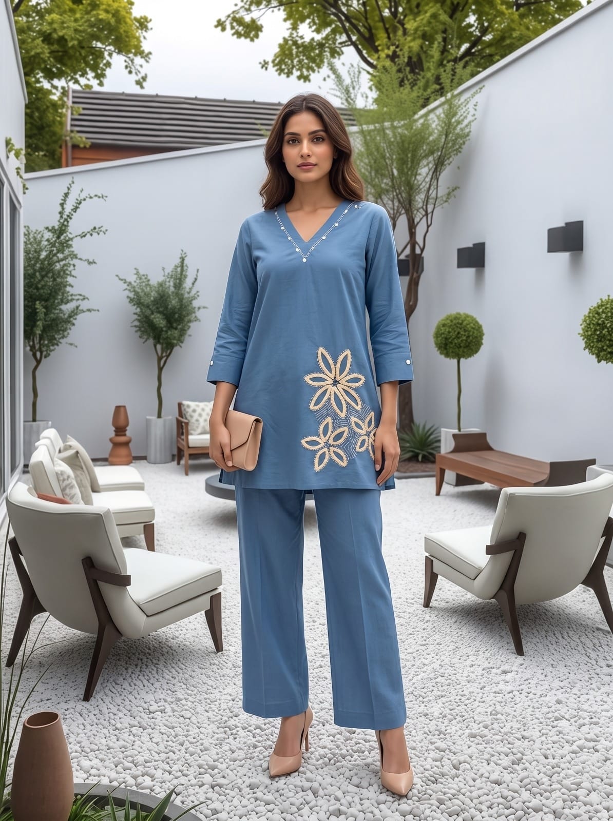 Slate Blue Floral Embroidered Tunic Co-Ord Set