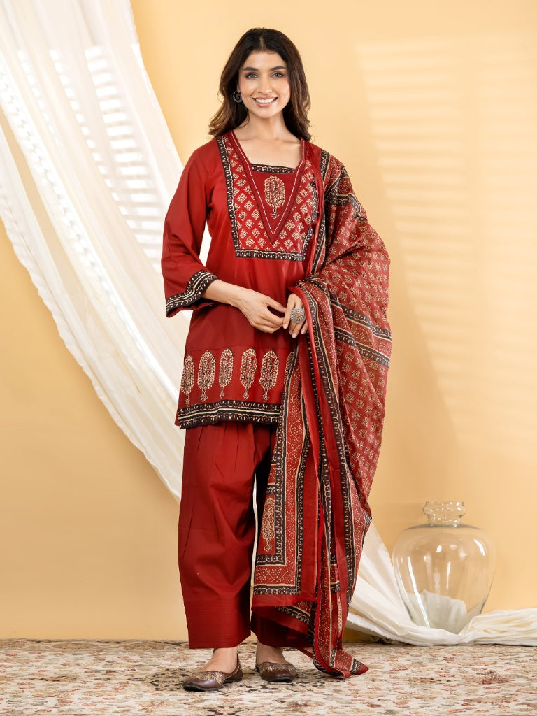 Rust Red Ajrakh Block Printed Kurti Set