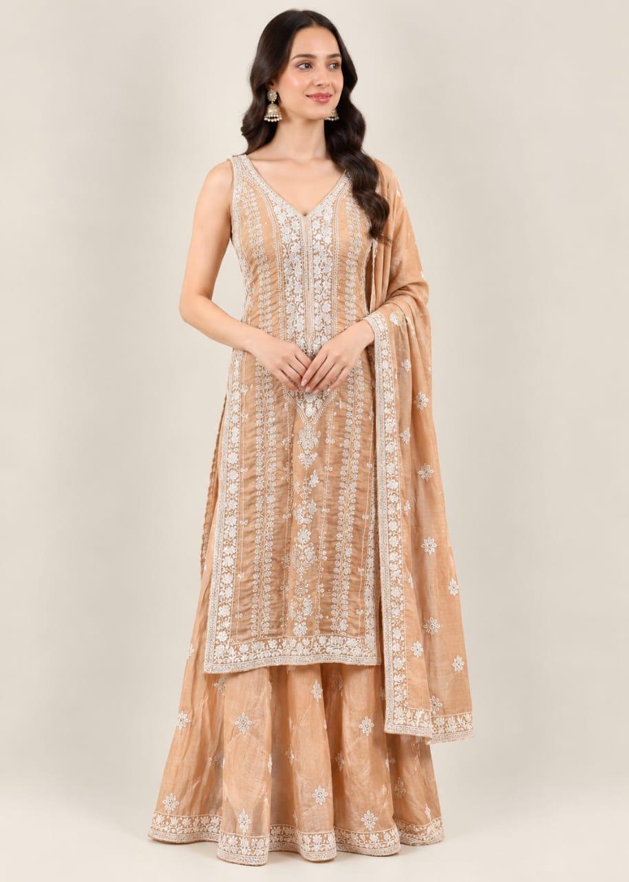 Peach-Beige Embroidered Sharara Suit Set