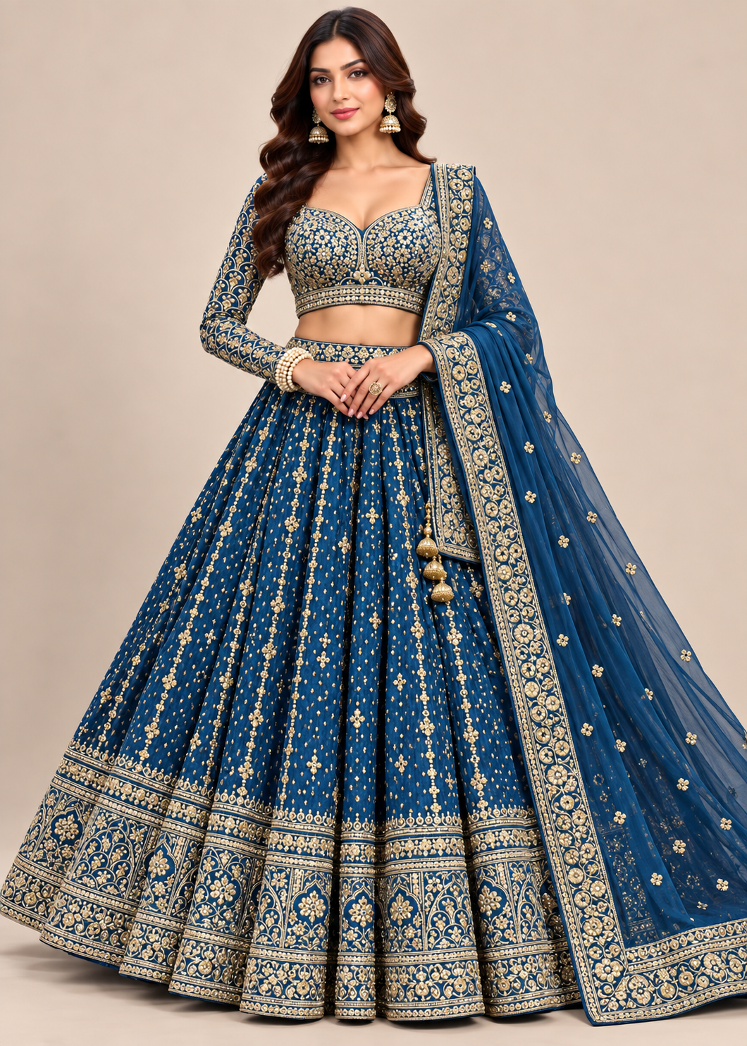 Peacock Blue Mirror & Zardozi Embroidered Bridal Lehenga Set