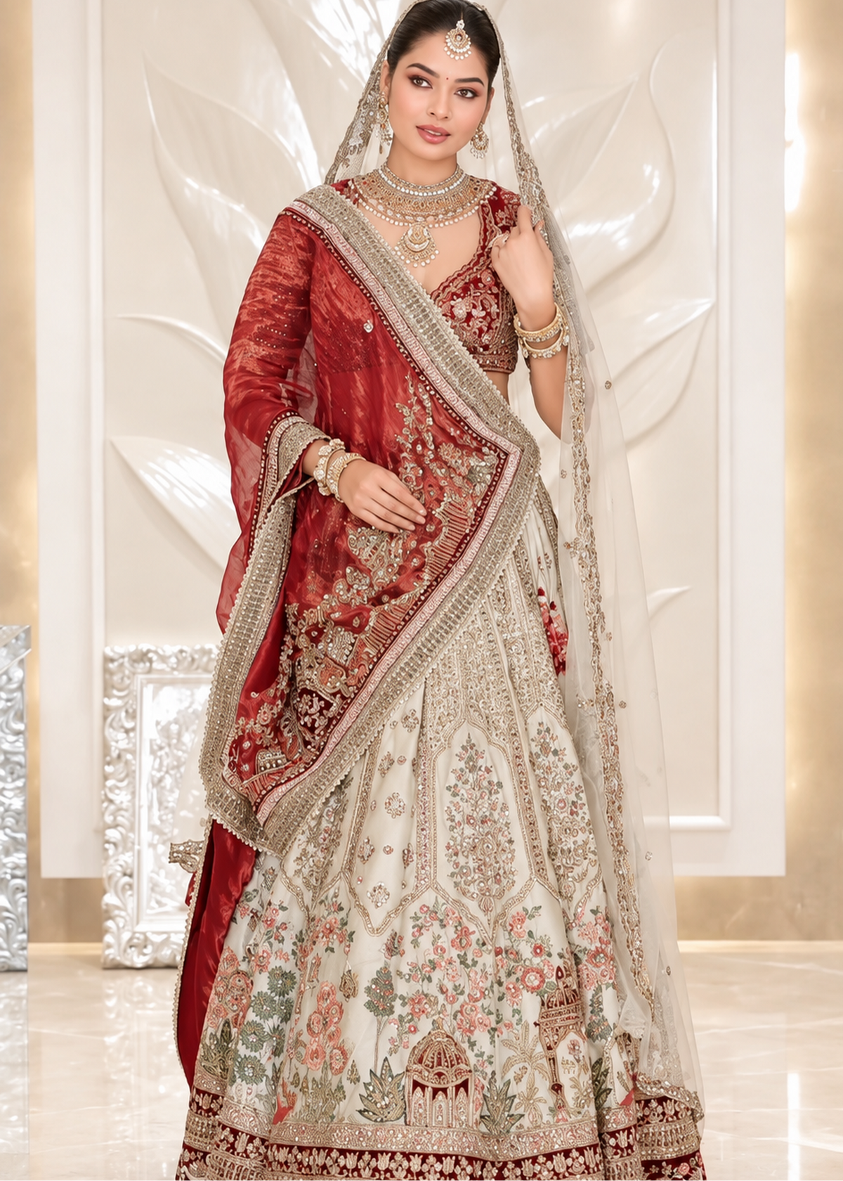 Regal Crimson Heritage Embroidered Bridal Lehenga Set Main image