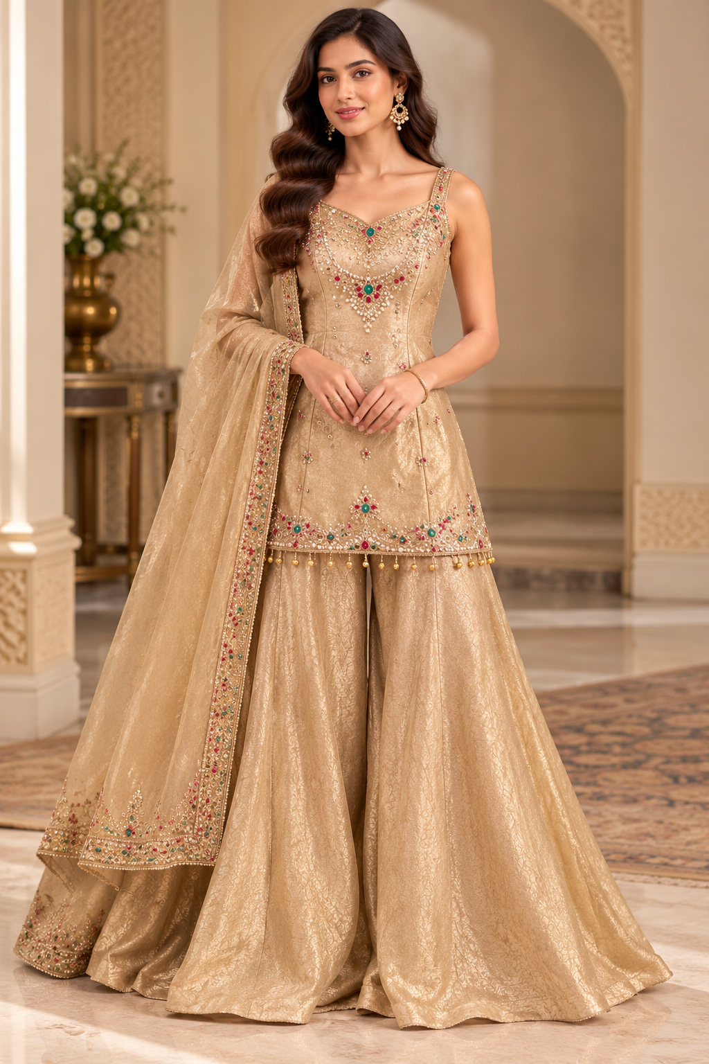 Champagne Gold Embellished Sharara Set