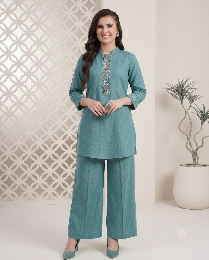 Teal Blue Embroidered Kurta Palazzo Set for Women Main image