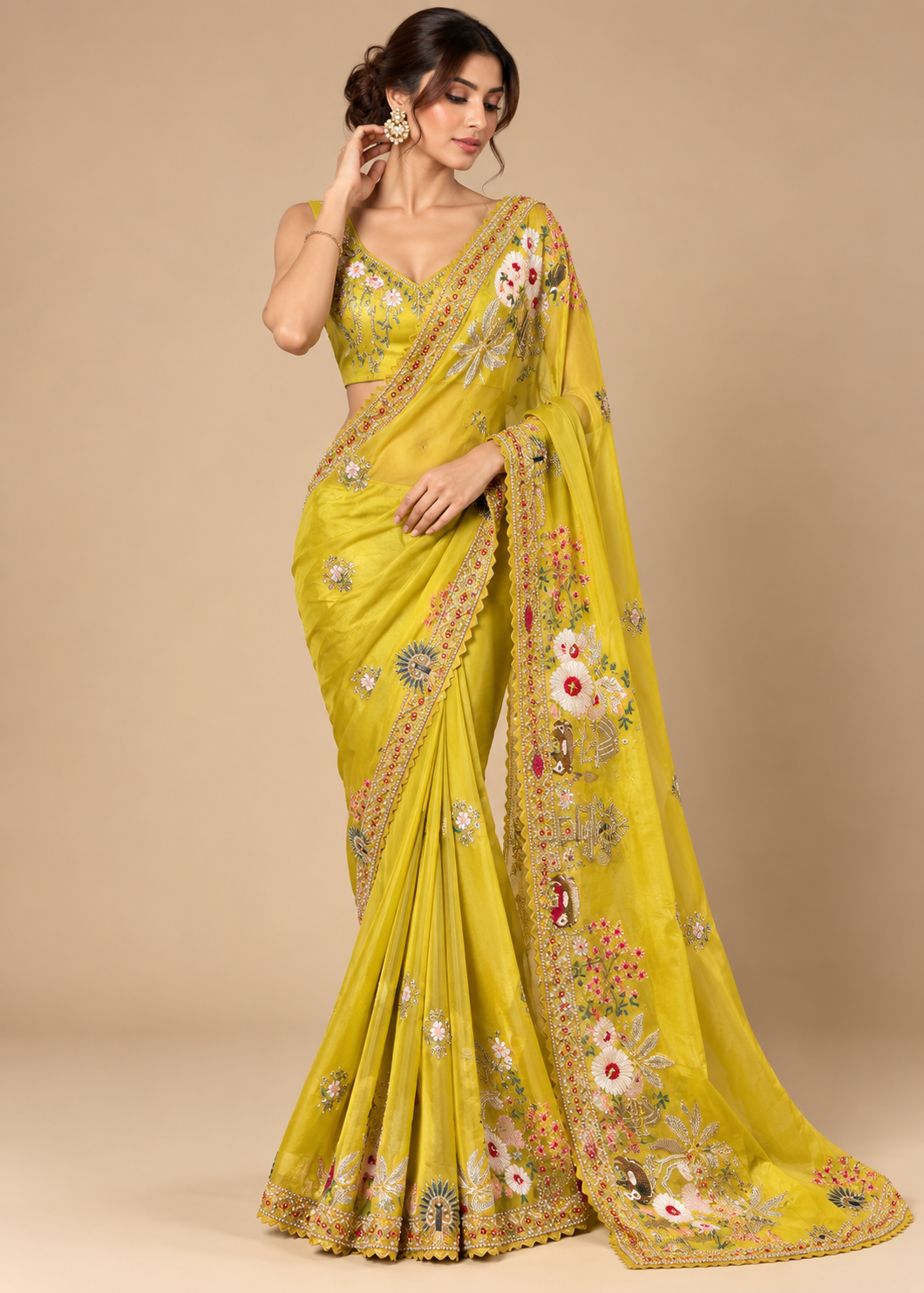 Lime Yellow Hand-Embroidered Organza Silk Saree with Blouse