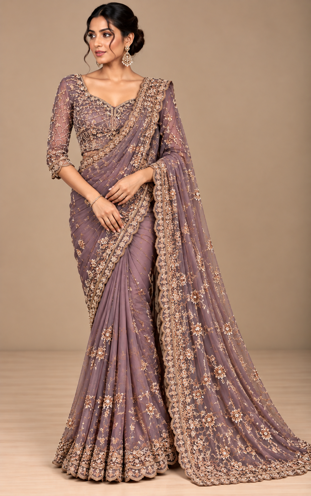 Mauve Embroidered Net Saree