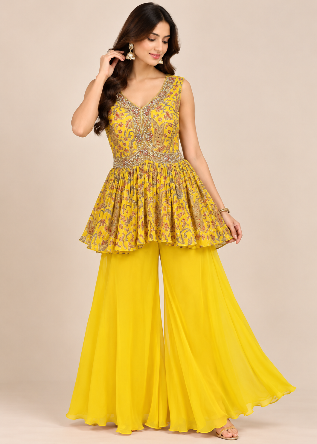 Mustard Yellow Printed Peplum Palazzo Suit