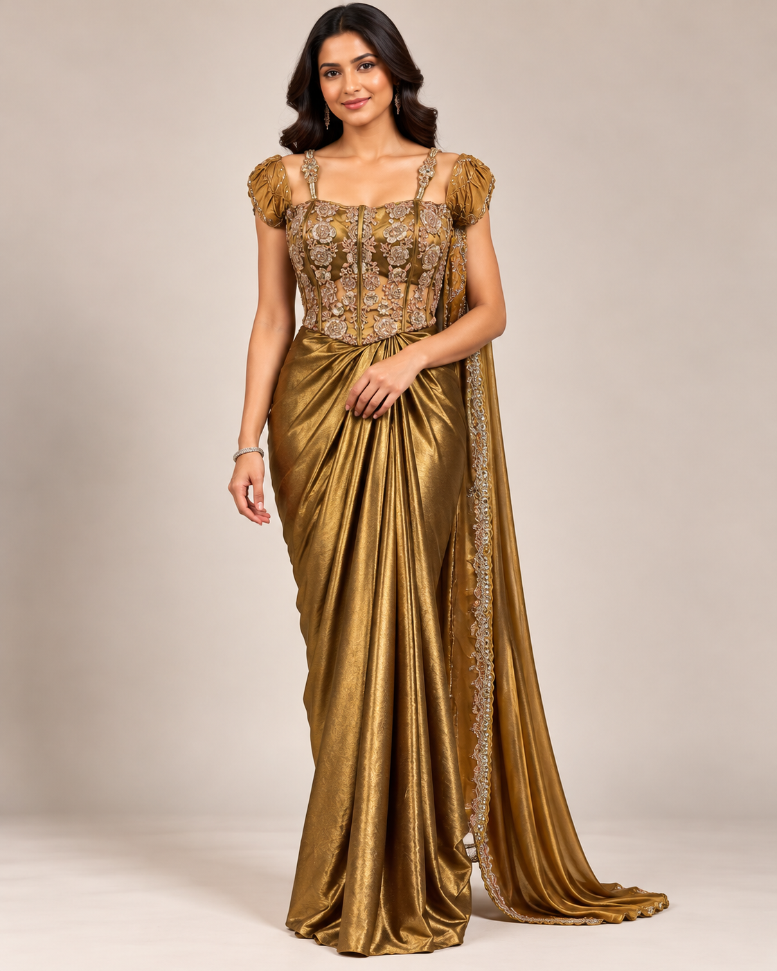 Golden Drape Saree with Embellished Corset