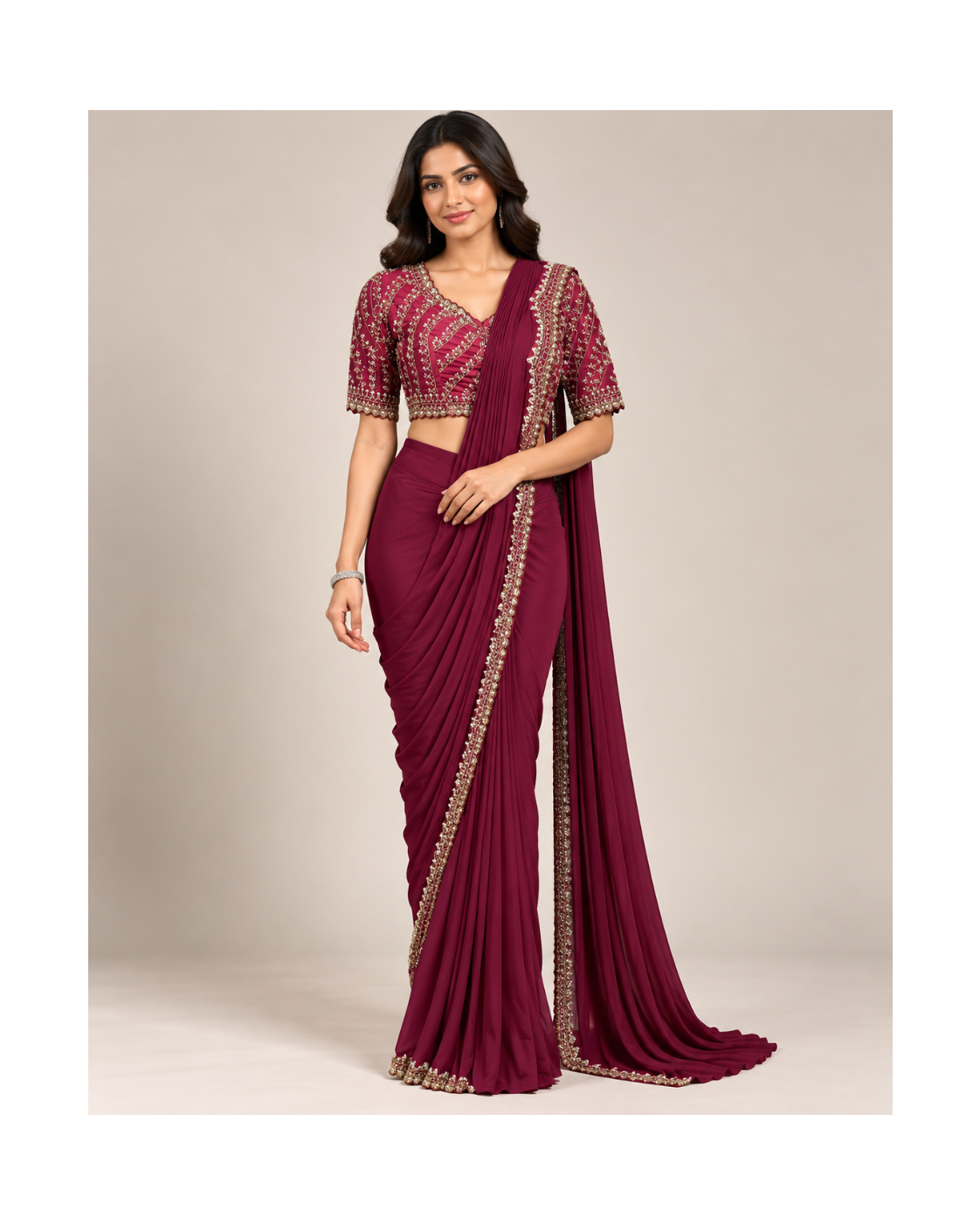 Wine Saree with Beaded Embellished Border Main image