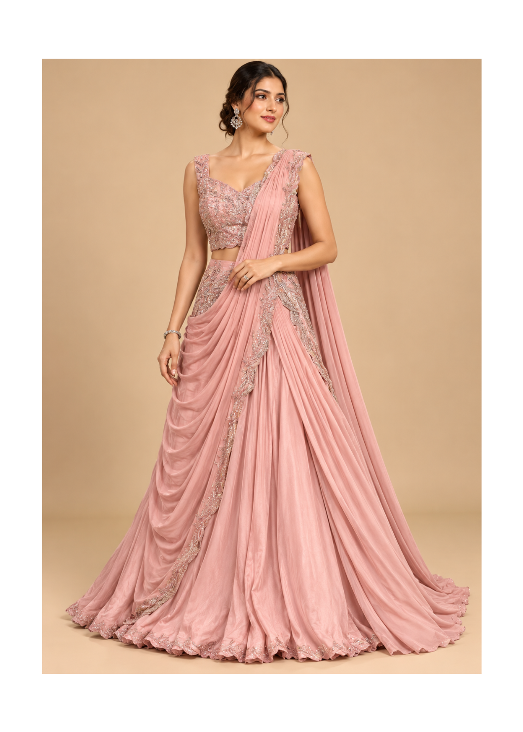 Blush Pink Draped Lehenga with Embellished Blouse and Scalloped Border Dupatta