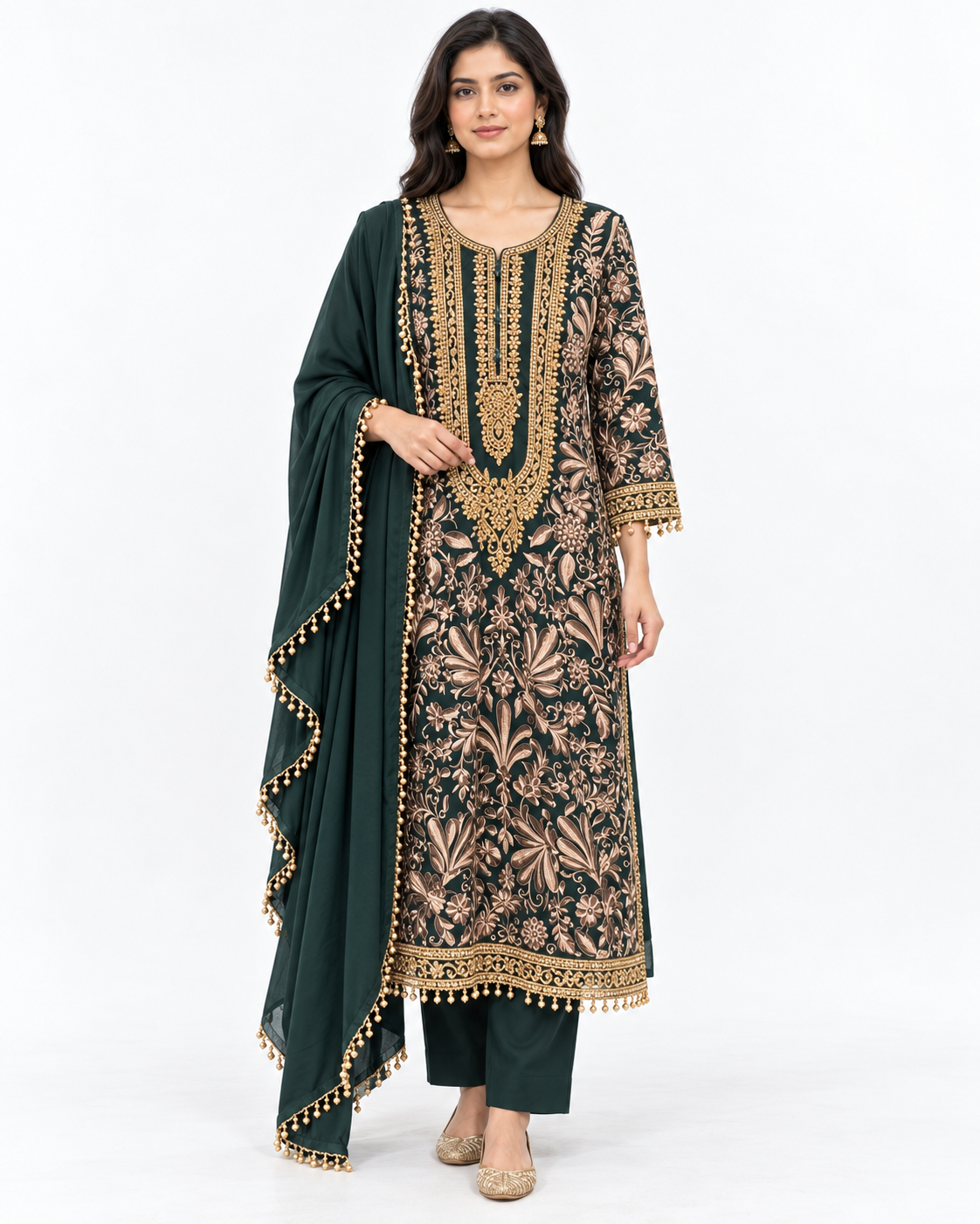 Deep Green Floral Embroidered Suit