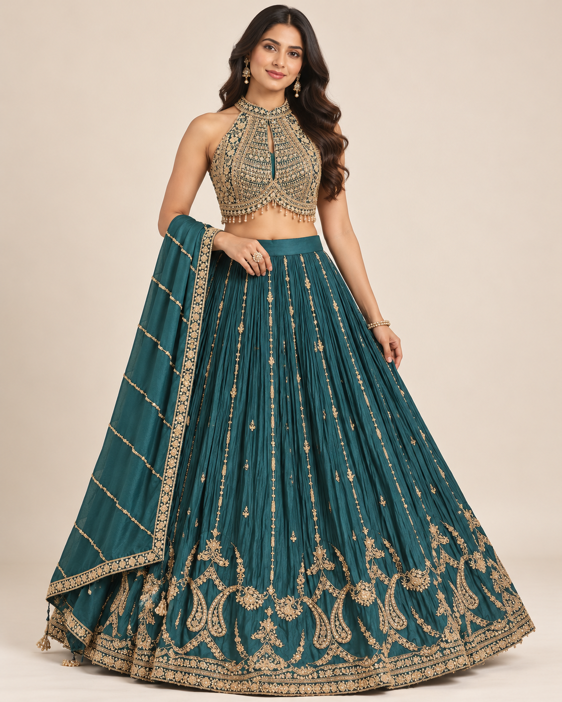 Dark Teal Green Embroidered lehenga