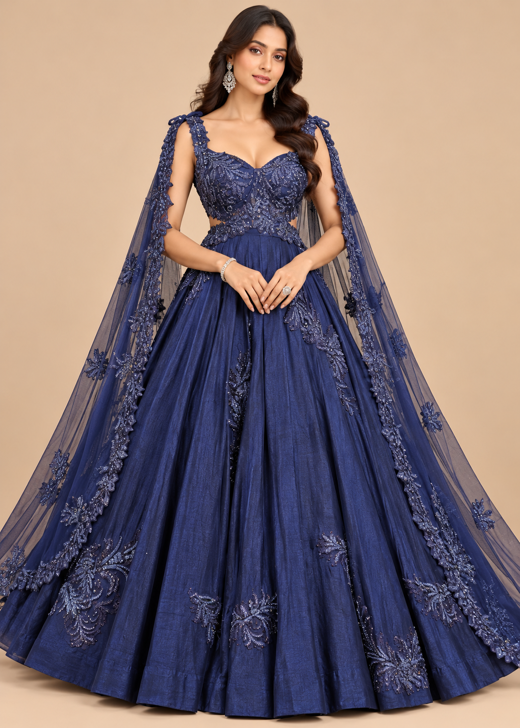 Royal Blue Embroidered Lehenga Gown with Matching Dupatta