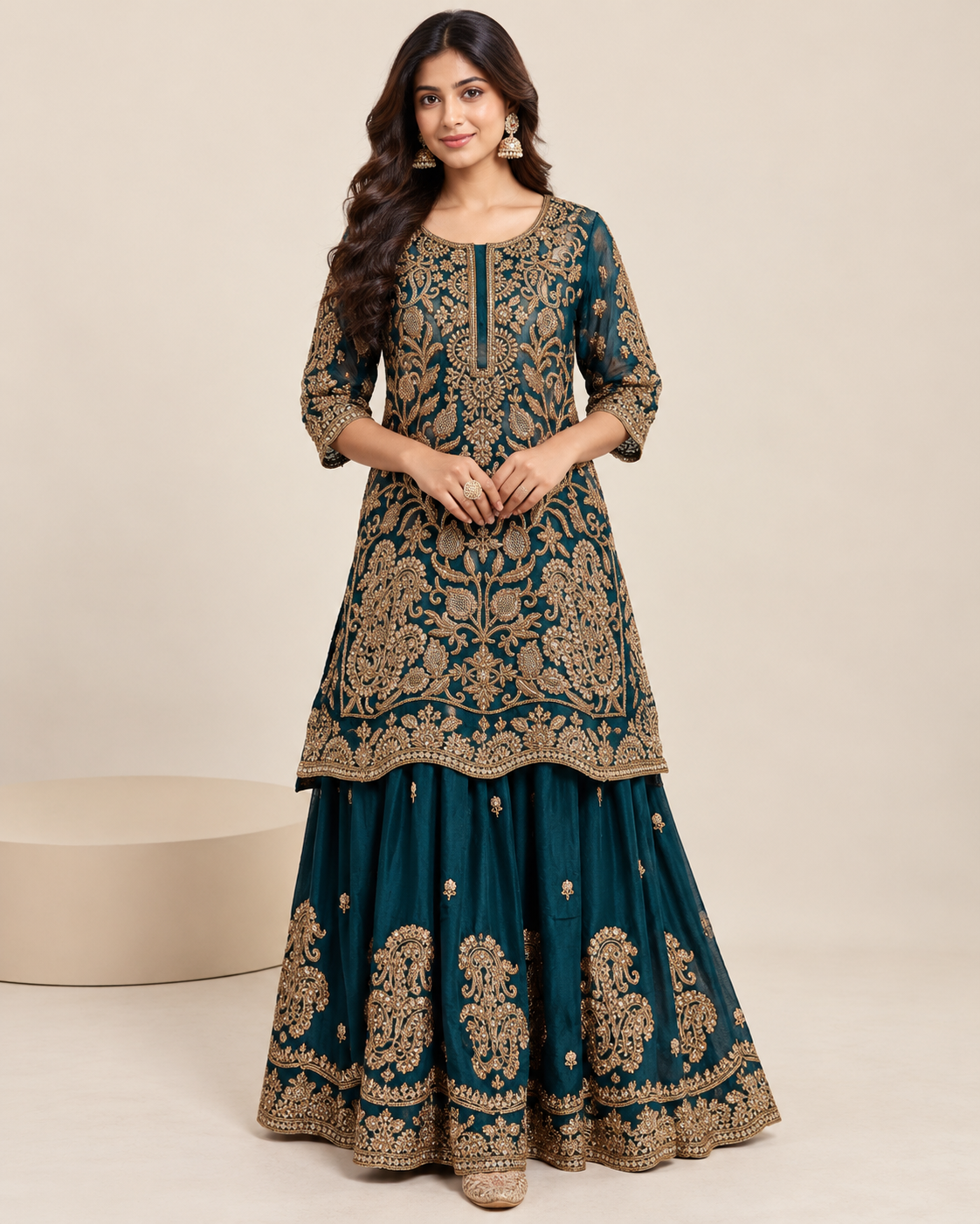 Embroidered Teal Peplum Sharara Set Main image