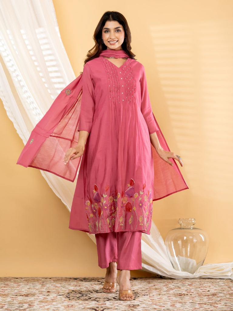 Rani Pink Pin-Tucked Embroidered Silk Kurti Set