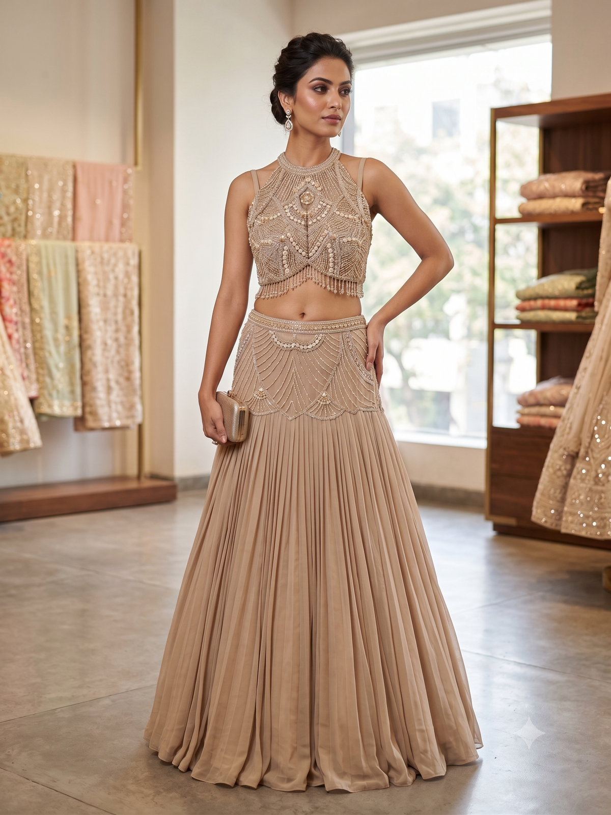 Champagne Nude Pearl &amp; Crystal Embroidered Pleated Lehenga Set