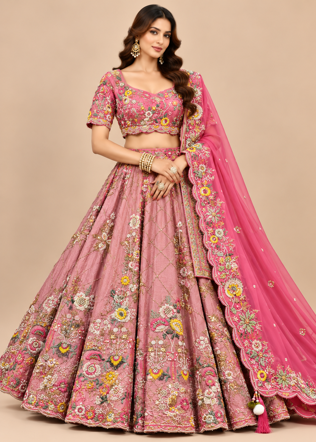 Dusty Rose Floral Embroidered Bridal Lehenga Set