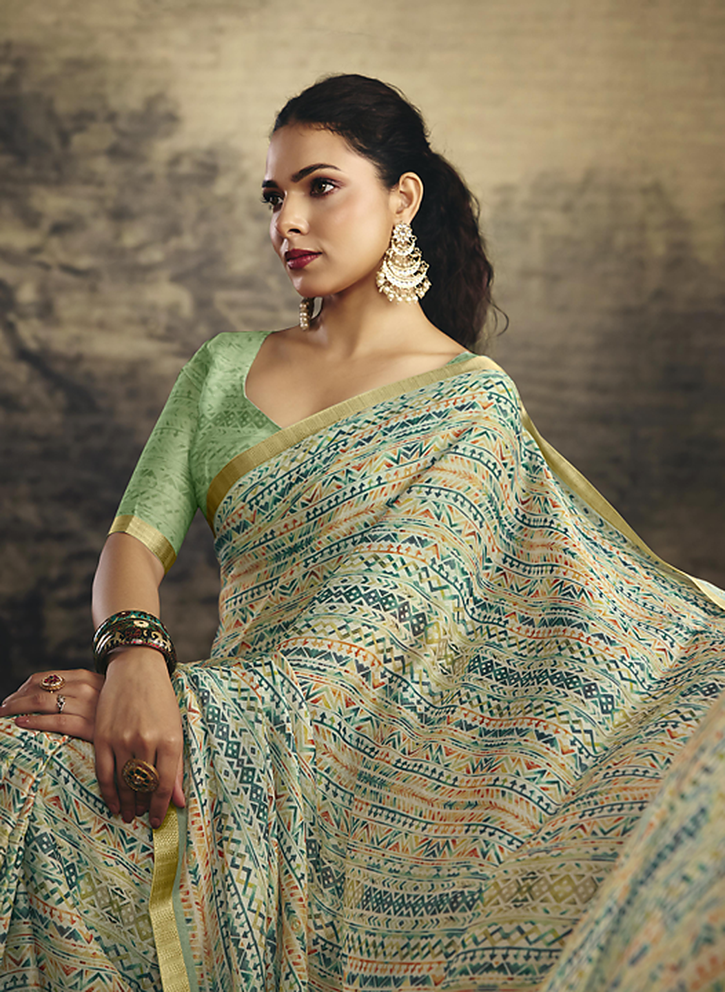 Ethereal Sea-Green Printed Georgette Saree with Matching Blouse Piece