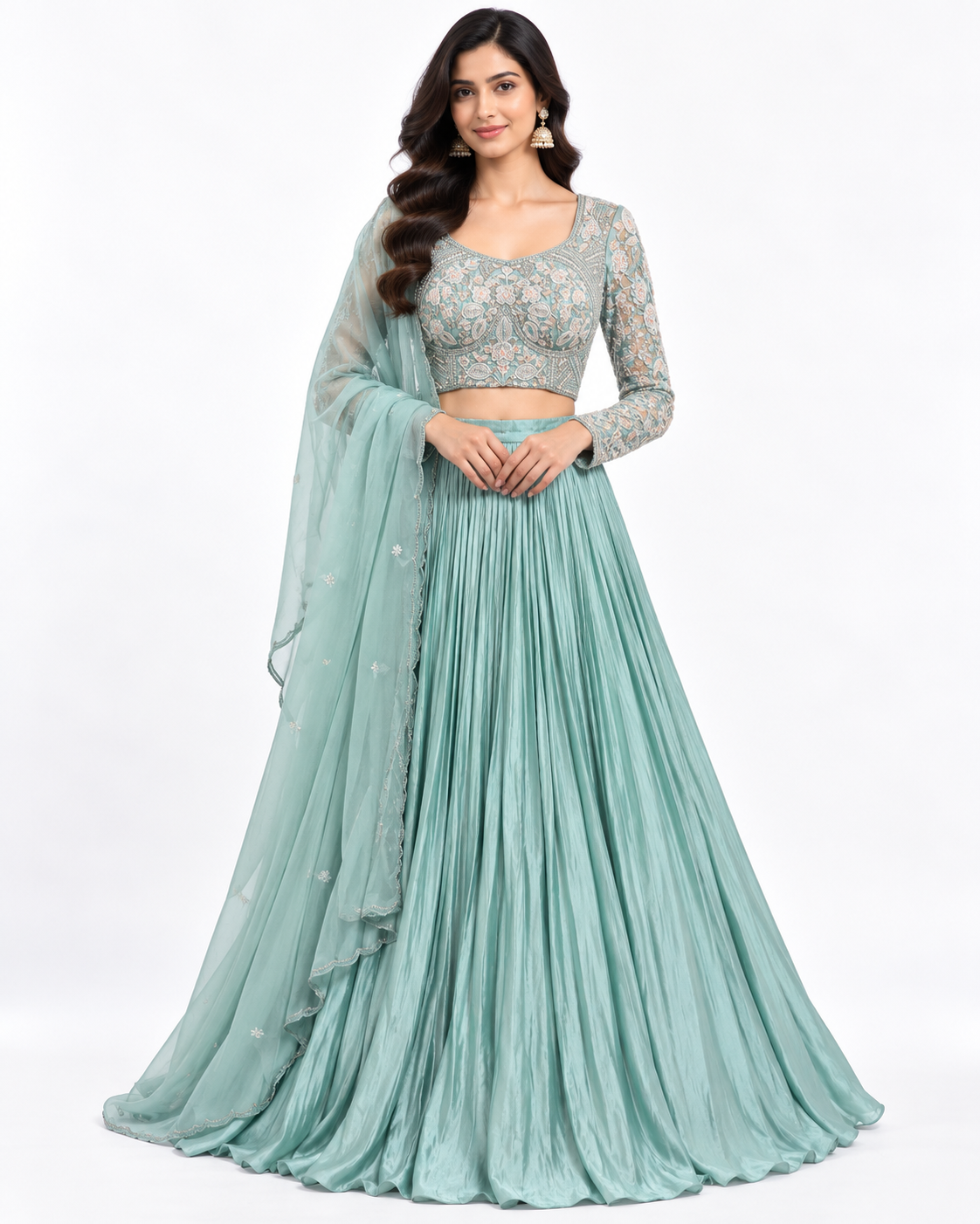 Firozi Pleated Lehenga with Embroidered Blouse