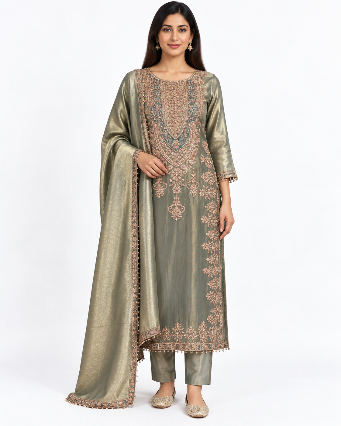 Sage Gold Ornate Embroidered Suit