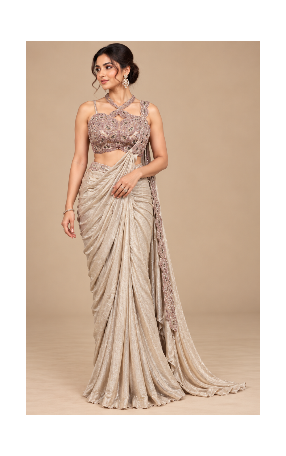 Champagne Shimmer Drape Saree with Ornate Embellished Blouse