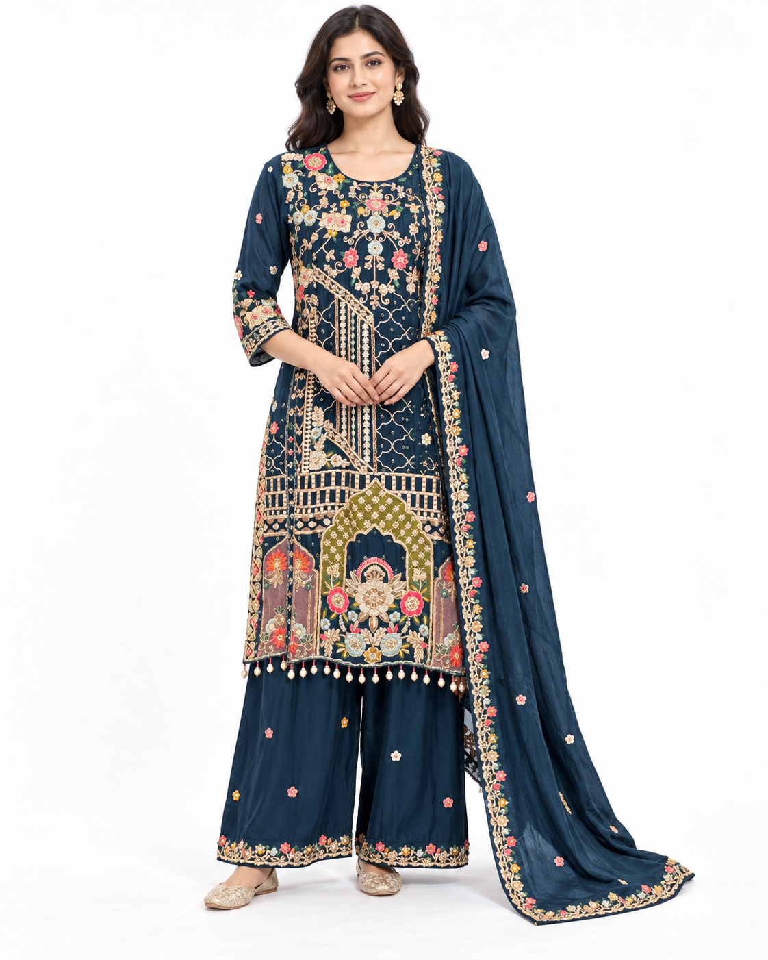 Navy Blue Floral Arch Palazzo Suit