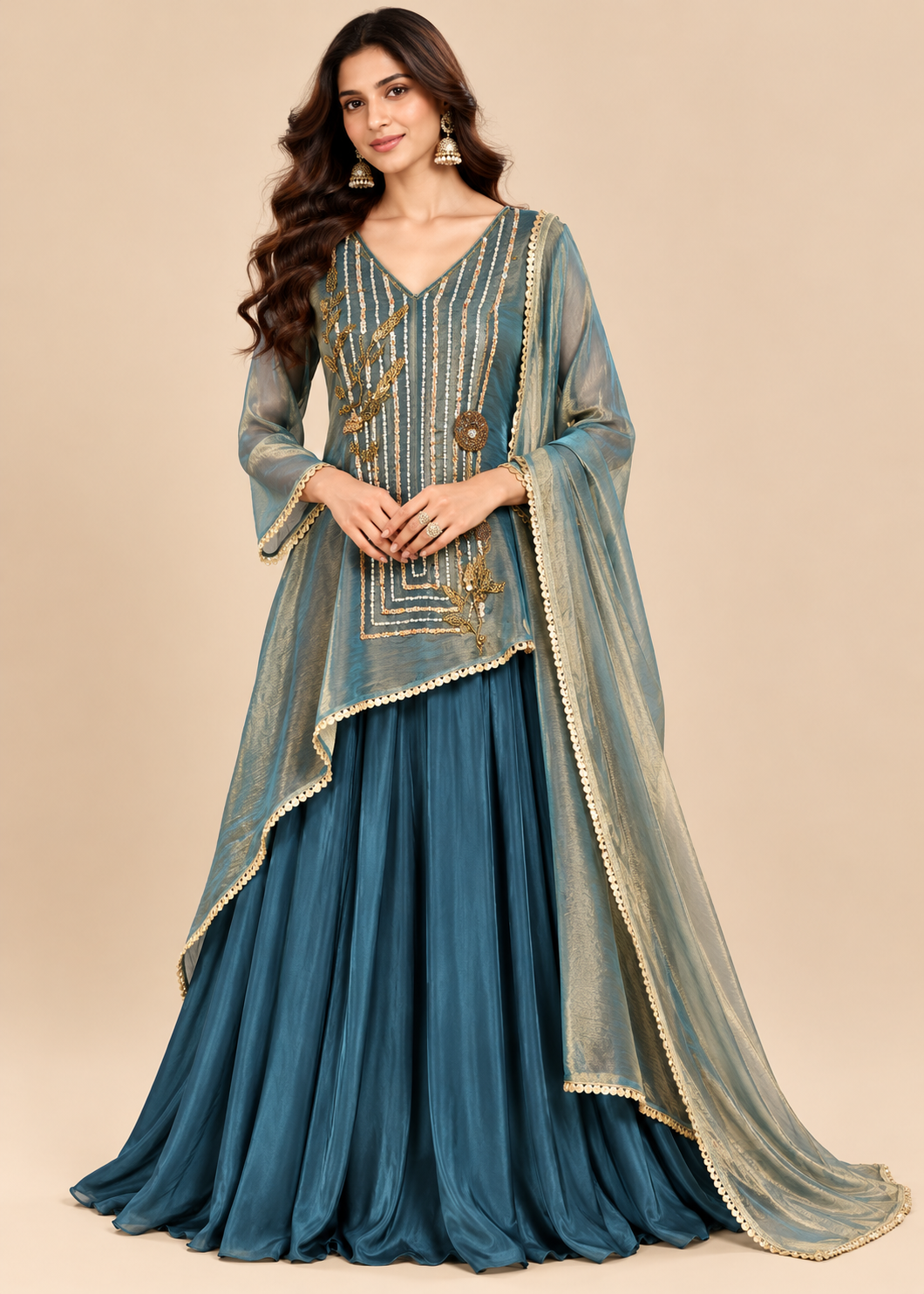 Teal Blue Hand-Embroidered High-Low Kurti with Skirt Set