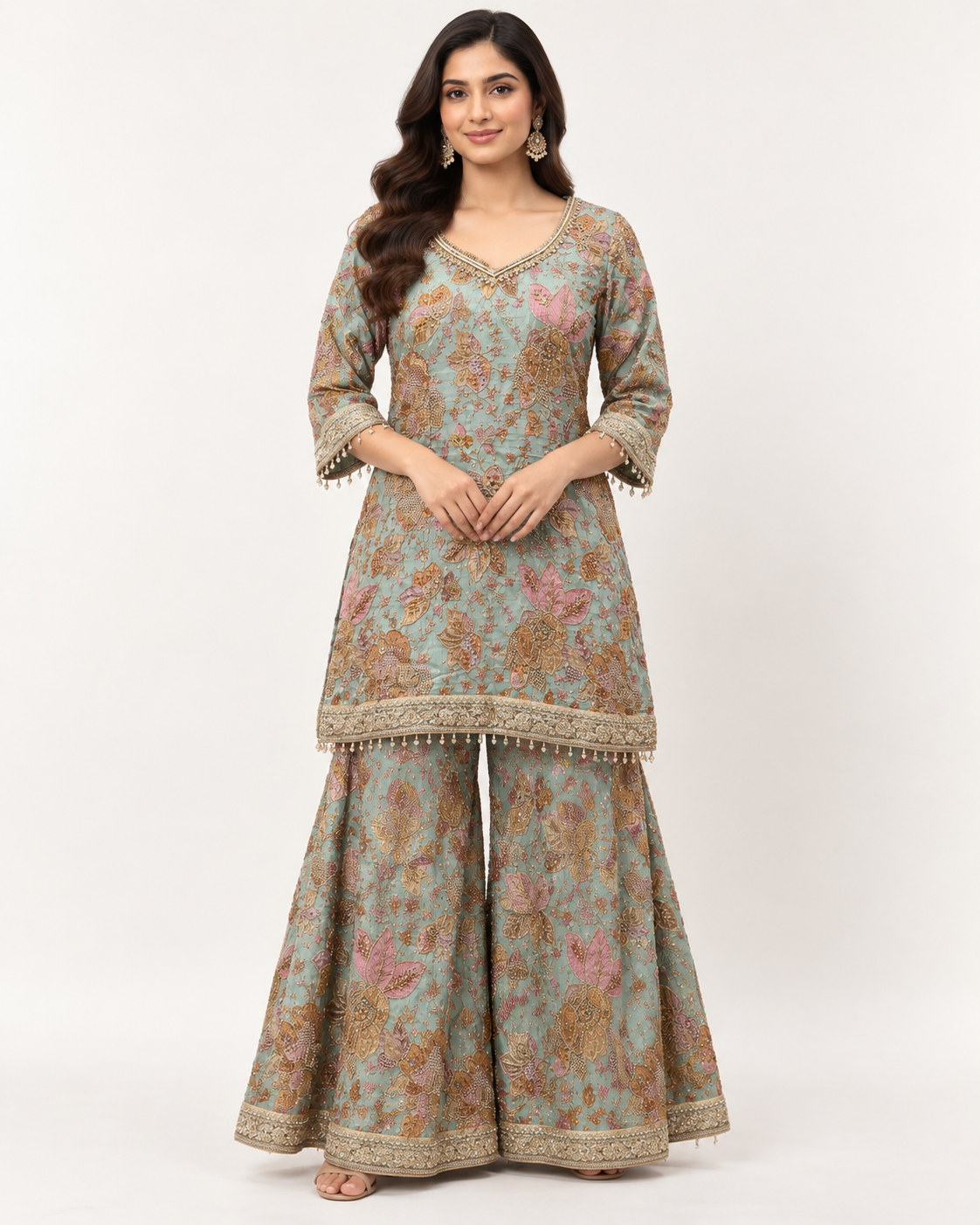 Embroidered Mint Green Sharara Set