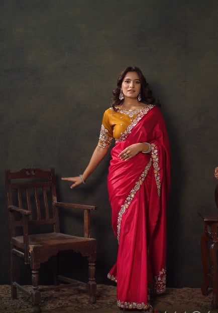 Vibrant Red Satin Silk Saree Main image