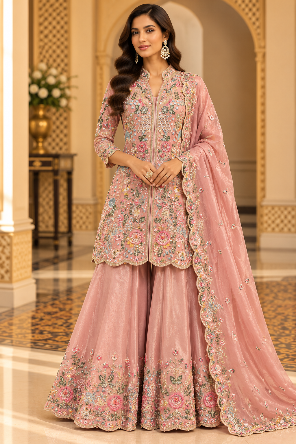 Peach Floral Embroidered Palazzo Suit