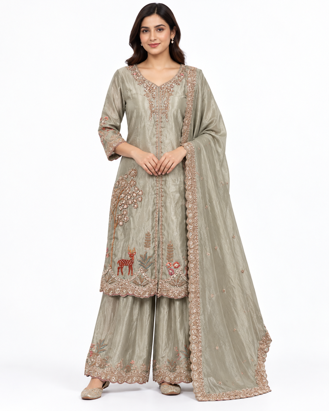 Pista Green Nature Embroidered Palazzo Suit