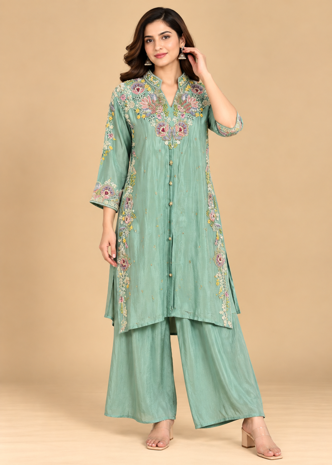 Mint Green Floral Embroidered Palazzo Suit Main image