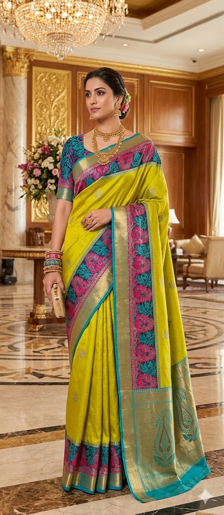 Radiant Lime & Teal Silk Heritage Saree