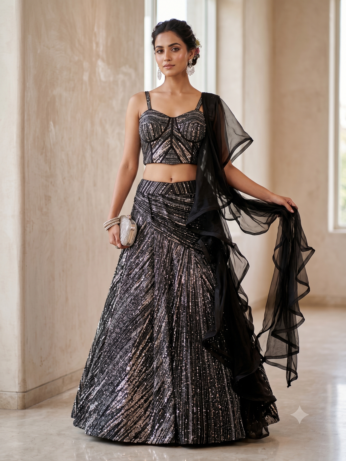 Midnight Black &amp; Metallic Silver Sequin Embroidered Lehenga Set