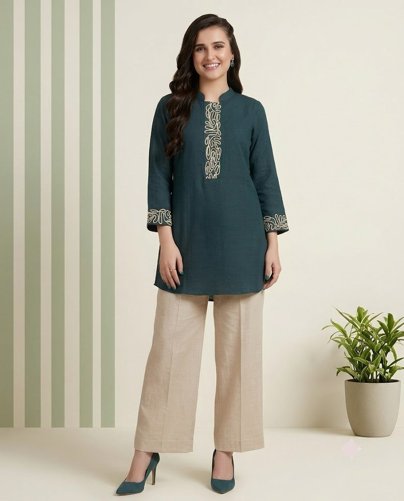 Teal & Green Embroidered Kurta Beige Palazzo Set