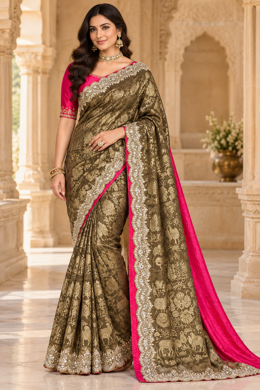 Regal Olive Green Woven Silk Saree with Contrasting Pink Blouse Main image