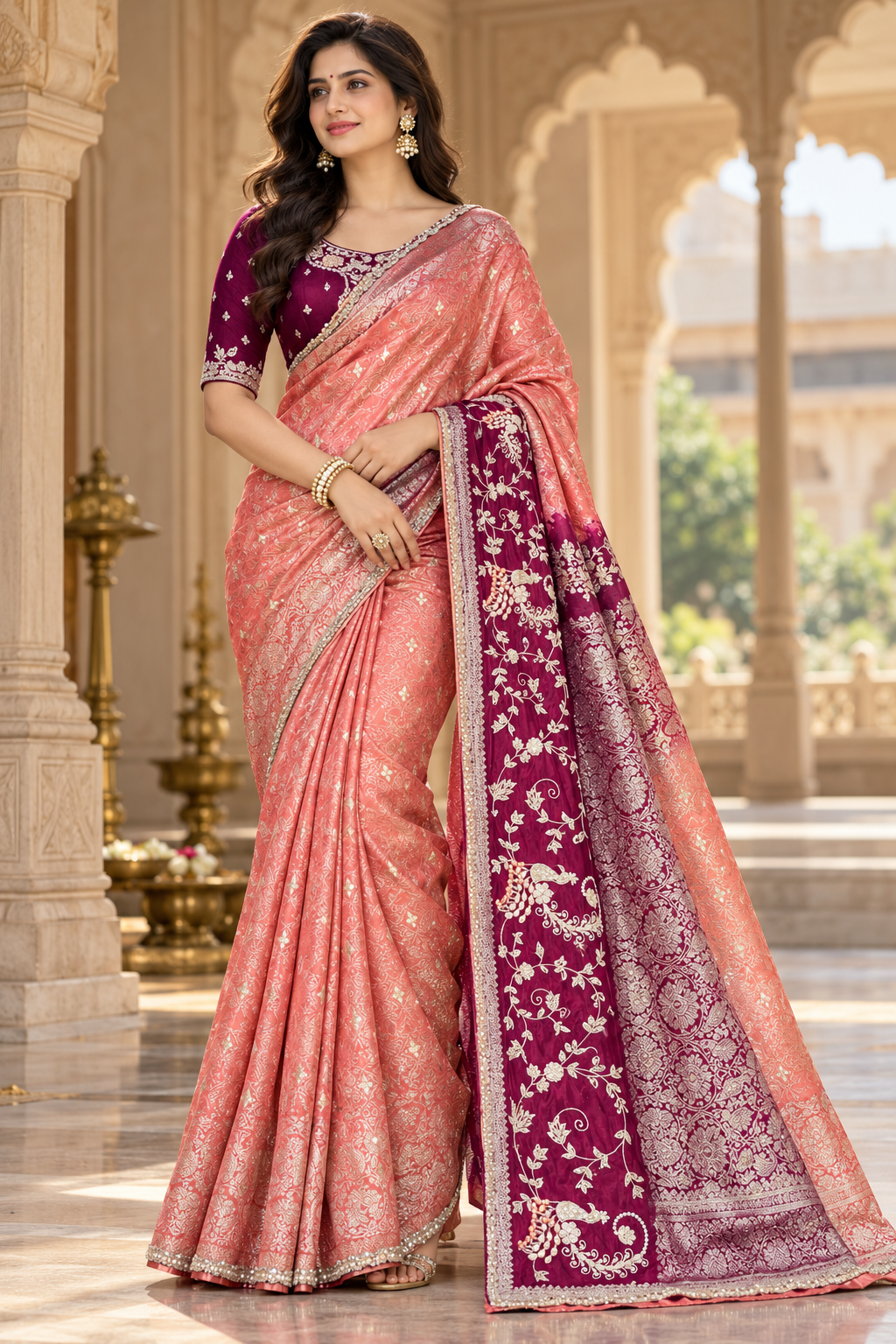 Stunning Peach and Plum Woven Silk Saree with Embroidered Pallu Main image