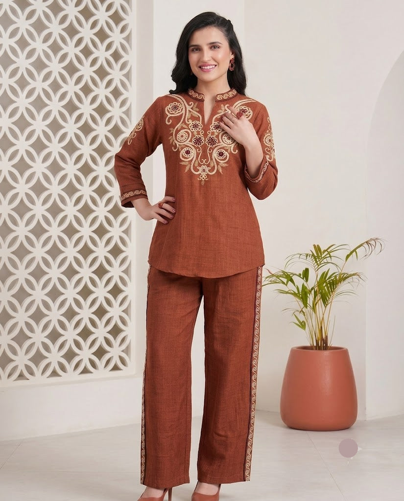 Rust Brown Embroidered Kurta Palazzo Set for Women