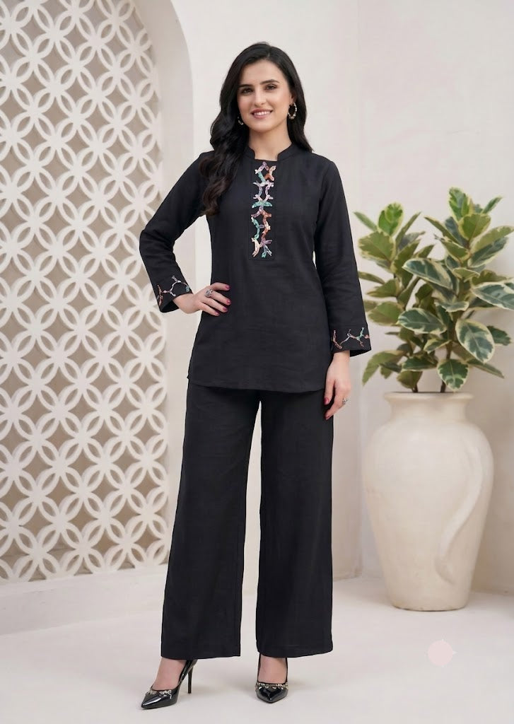 Black Embroidered Kurta Palazzo Set for Women