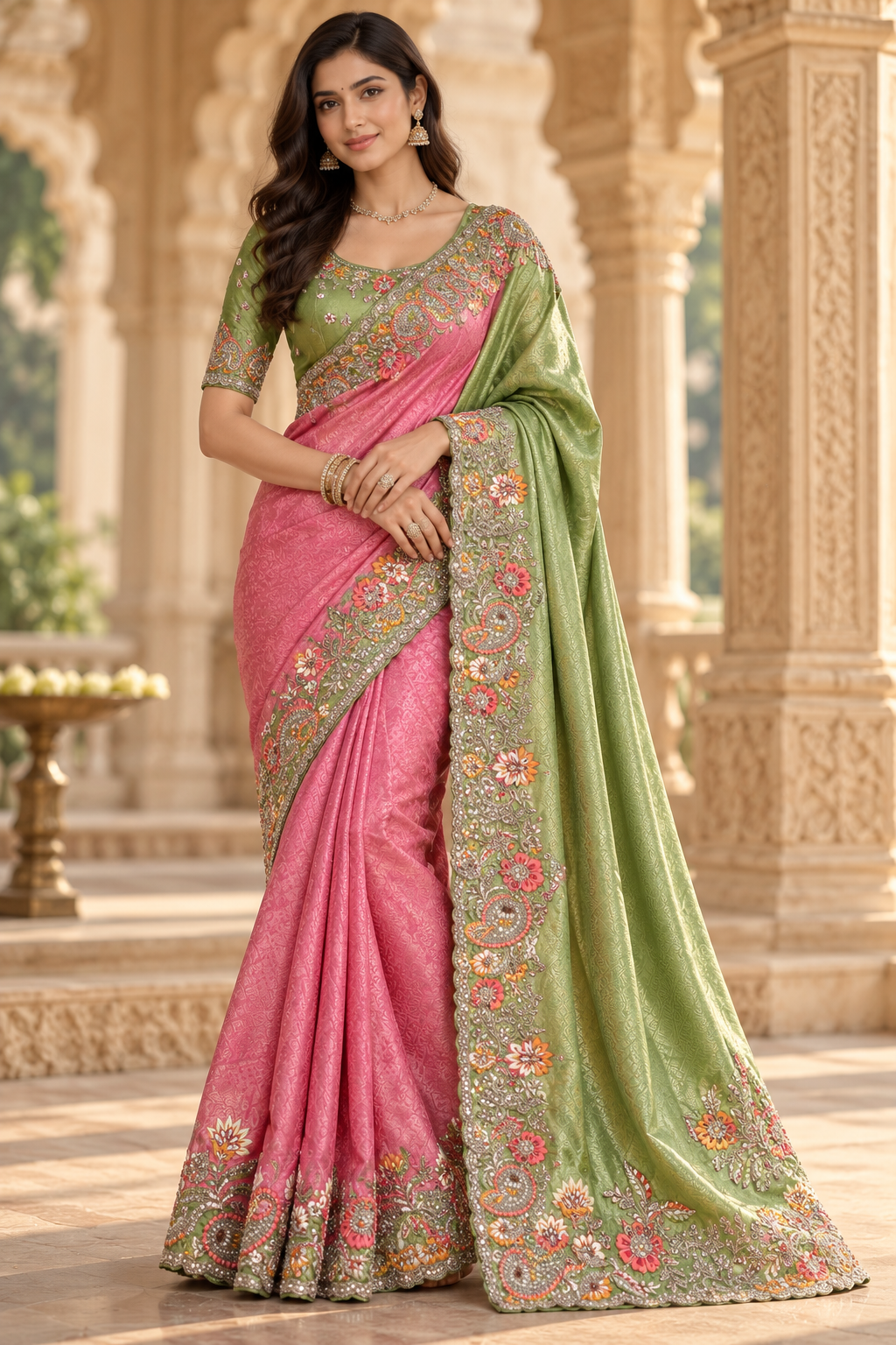 Elegant Pink & Olive Green Floral Embroidered Saree