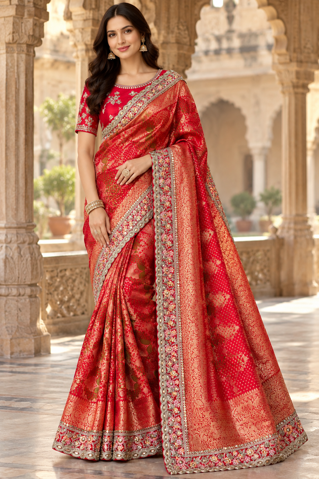 Regal Red Woven Silk Saree with Embroidered Floral Border