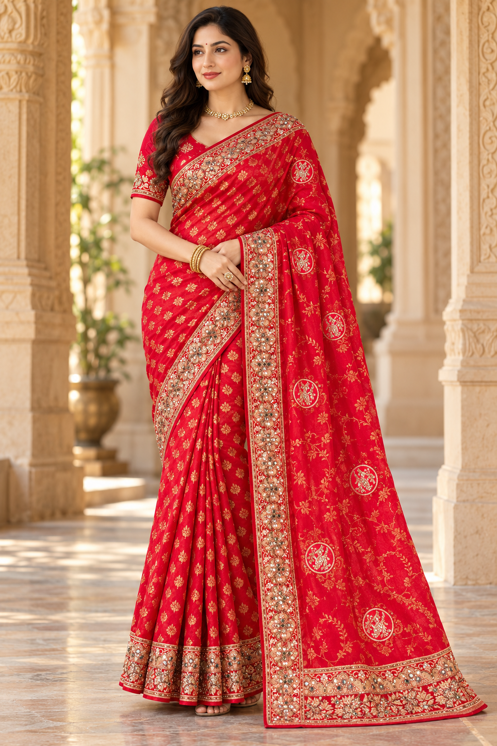 Radiant Red Woven Silk Saree with Embellished Gold Border