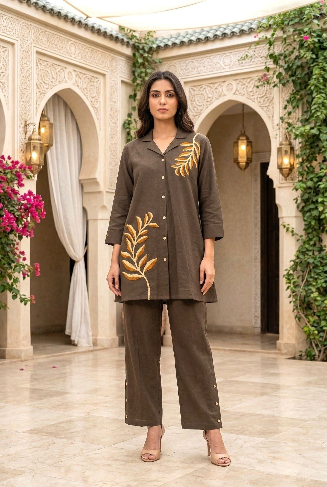 Brown Embroidered Shirt Style Kurta Palazzo Set