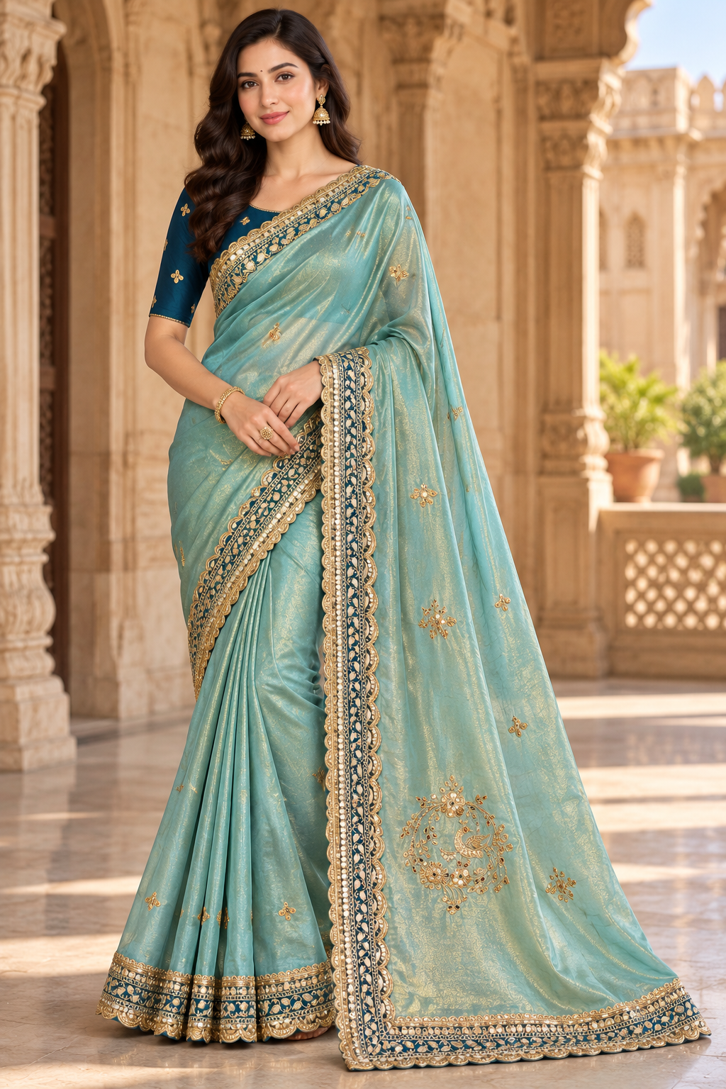 Elegant Aqua Blue Embellished Silk Saree with Contrasting Teal Border Main image