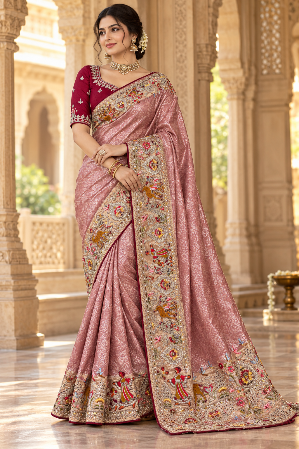 Elegant Dusty Rose Woven Silk Saree with Traditional Embroidered Border