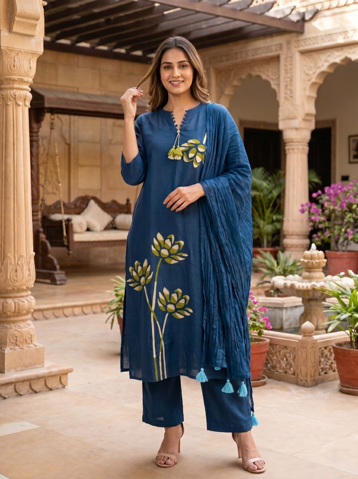 Navy Blue Floral Printed Kurta Pant Dupatta Set