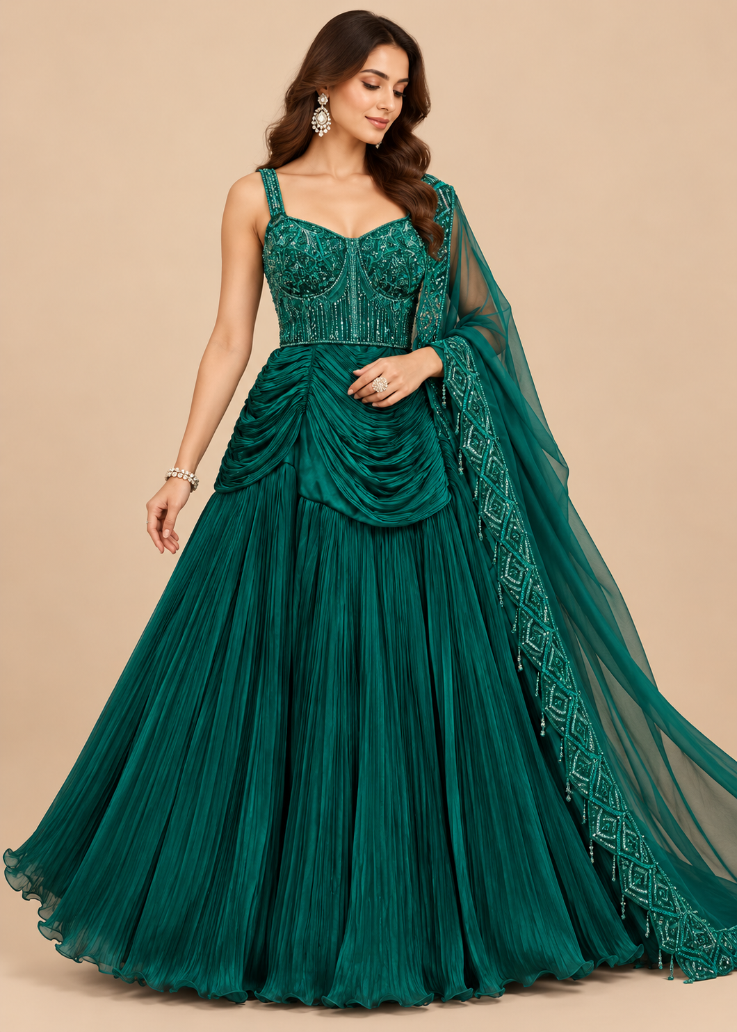 Teal Draped Lehenga with Embellished Blouse and Dupatta