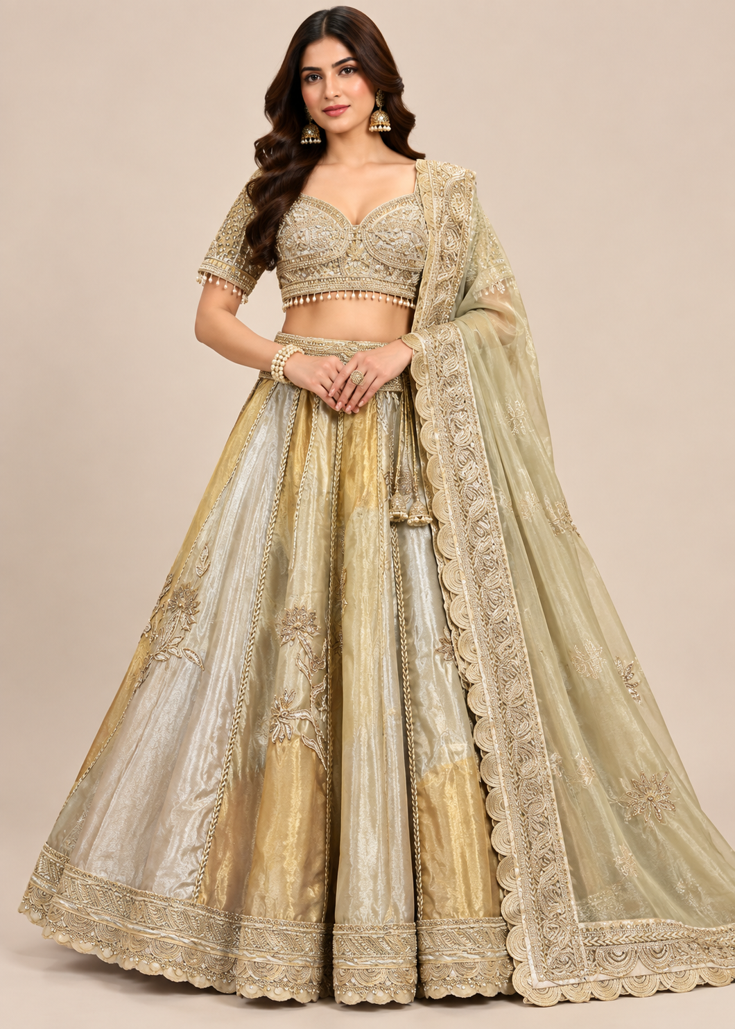 Champagne Gold Dual-Tone Tissue Embroidered Bridal Lehenga Set