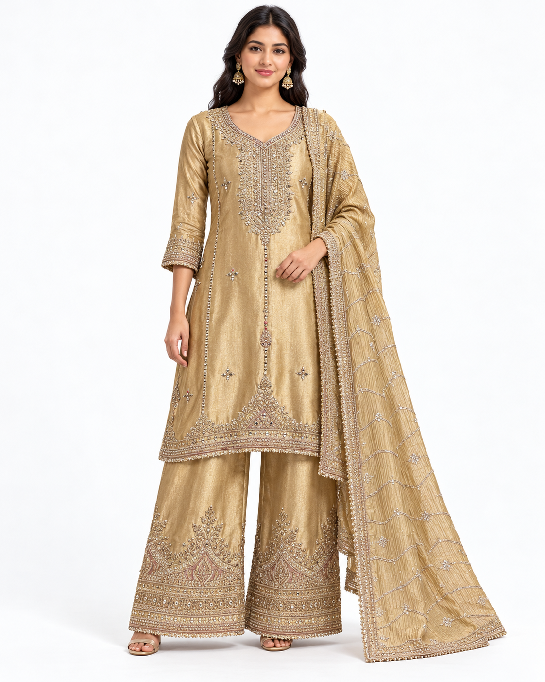 Antique Gold Embroidered Palazzo Suit