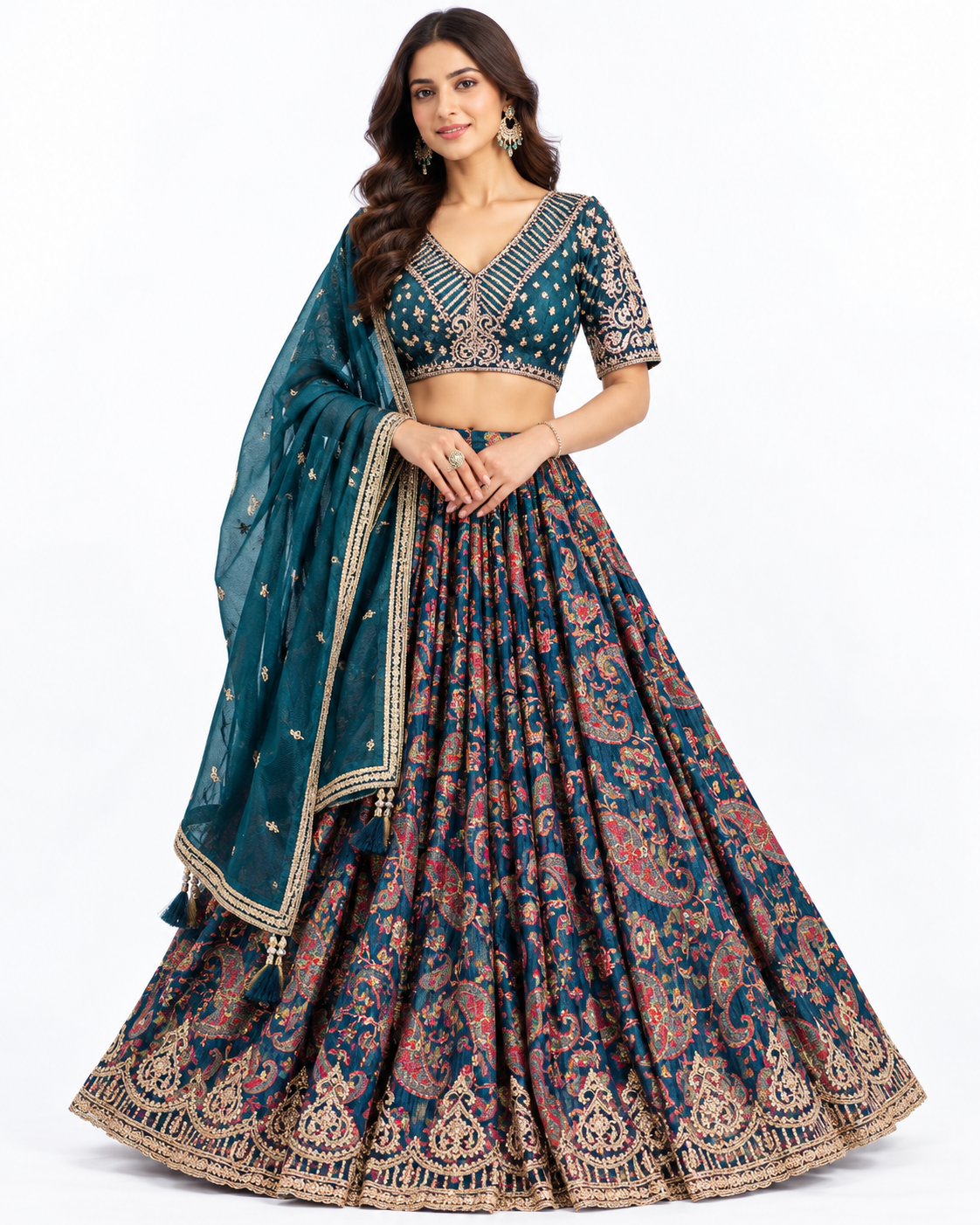 Dark Teal Blue Paisley Printed Lehenga